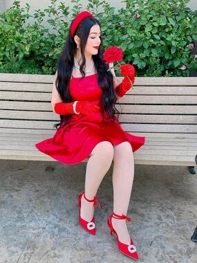 Red Satin Fit & Flare Dress with Matching Accessories